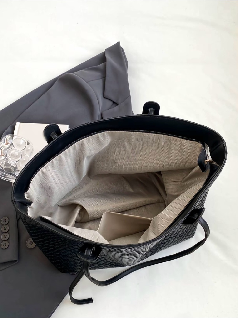 Black Woven Tote Bag with Double Shoulder Straps - Picture 9 of 9